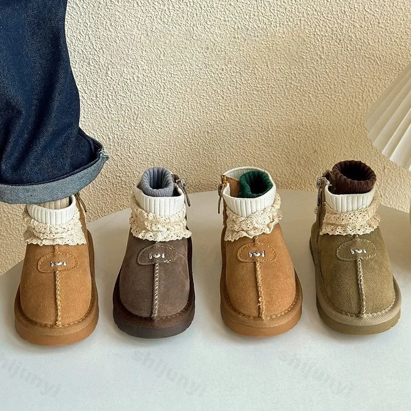 Winter Children Fur Suede Snow Boots Girls 2025 Fashion French Lace Edge Princess Boots Baby Warm Soft Flat Cotton Shoes 241219