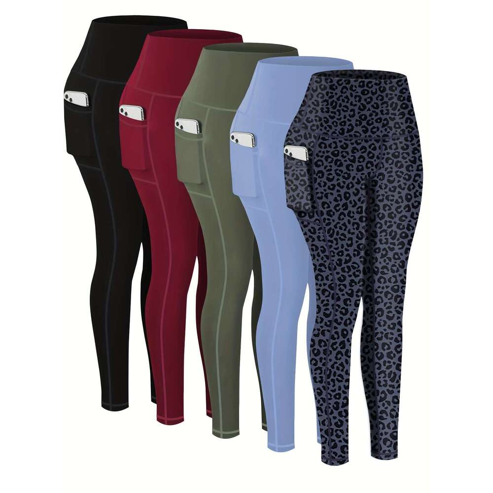 5-Pack Plus Size Sports Leggings For Women, High-Waisted Cropped Yoga Pants With Pockets, Fiess Running Compression Tights