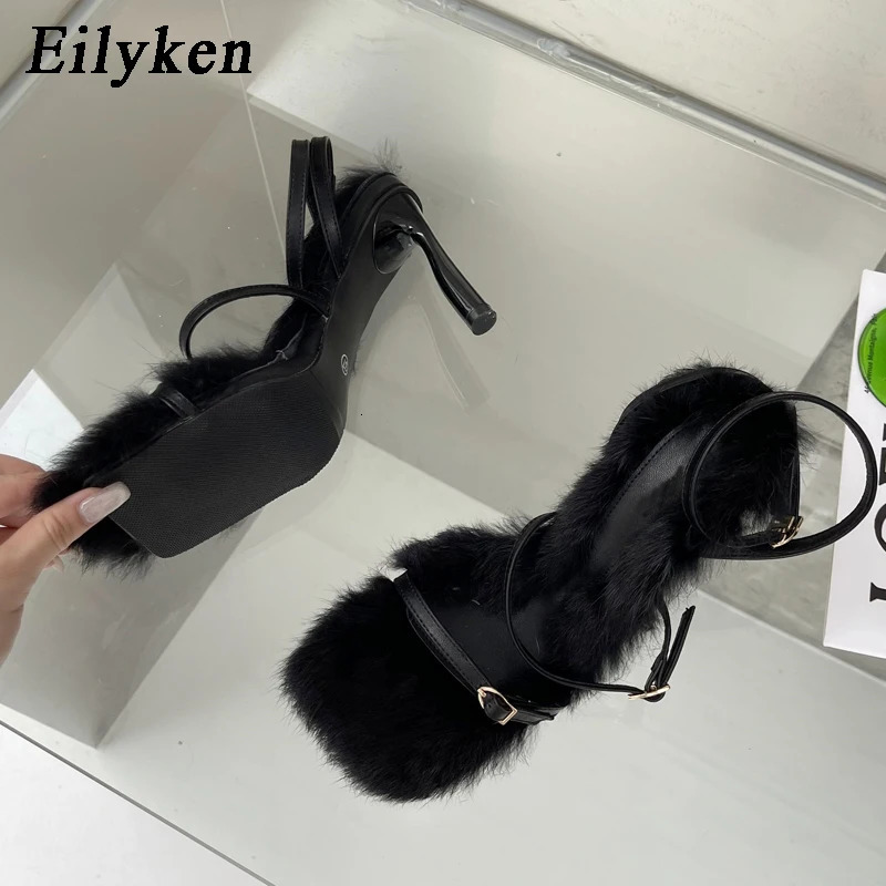 Eilyken 2024 Plush Fur Fuzzy Sandals Women Thin Heels Fashion Square Toe Ankle Lace Up Buckle Strap Slides Shoes 241220