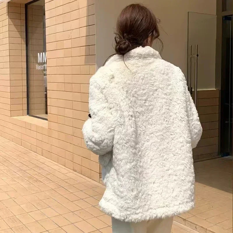 White Faux Lamb Wool Warm Coats Women Fall Korean Stand Collar Horn Button Jackets Y2K Winter Thick Long Sleeve Plush Outerwear 241216 - view 6