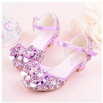 Girls Bow-knot Rhinestone high-heeled Sandals Princess Performance Dancing Summer PU Leather shoes purple pink Silver 241219