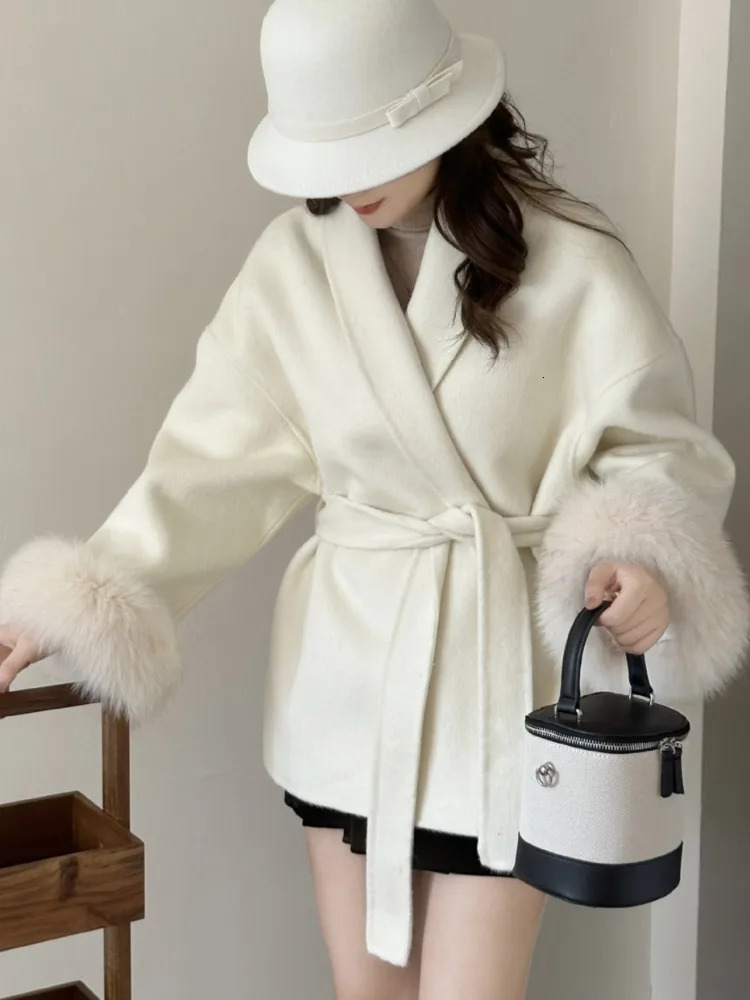 LANMREM Double Sided Wool Coat For Women Fox Fur Stitching Sleeves Lapel Solid Color Belt Coats Woolen Clothing Winter 2DA2598 241217
