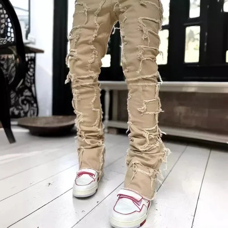 Mens regular suit stacked jeans torn ultrathin patches Distressed Destroyed denim Hip Hop streetwear Trouser fabric 241211