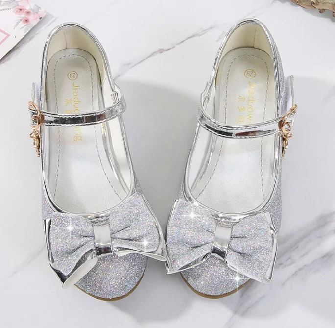 Girls Princess Shoes Butterfly Knot High-Heel Shiny Crystal Shoes Kids Leather Shoes Childrens Single Shoes Birthday Present 241219