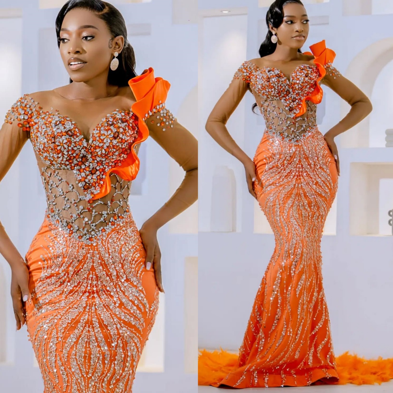 Mermaid Orange Prom Dresses Rhies Beaded Sequined Evening Formal Party Second Birthday Engagement Gowns Plus Size Dress For Special Ocns D