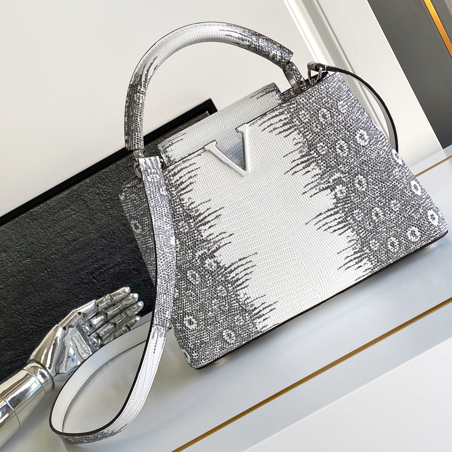 12A Designer Capucines Handbag, Exotic Lizard-Emed Leather & Lambskin Lining, Detachable Strap (Shoulder/Crossbody), Timeless Box-Structured Tote