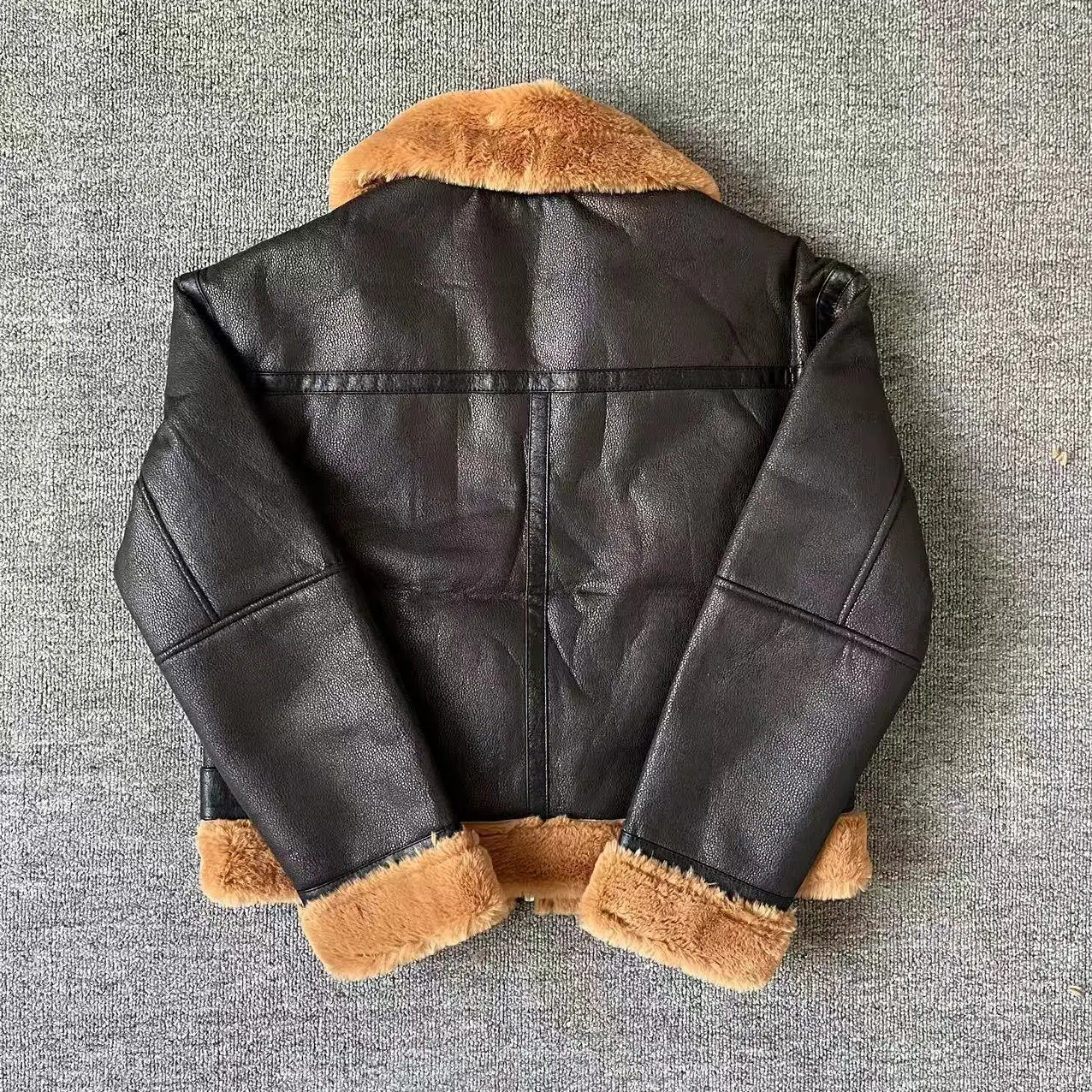 ZA autumn womens clothing style slim fit and simple lapel fur integrated short lamb fur patchwork leather jacket 241220