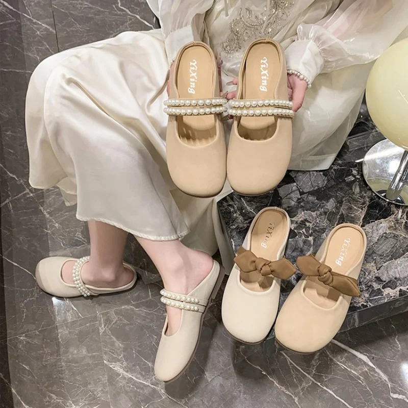 Fashion Bowknot Pearl Flat Bottom Baotou Half Slippers Women 2024 Summer Shallow Mouth Mary Jane Single Shoes Casual Slides 241220