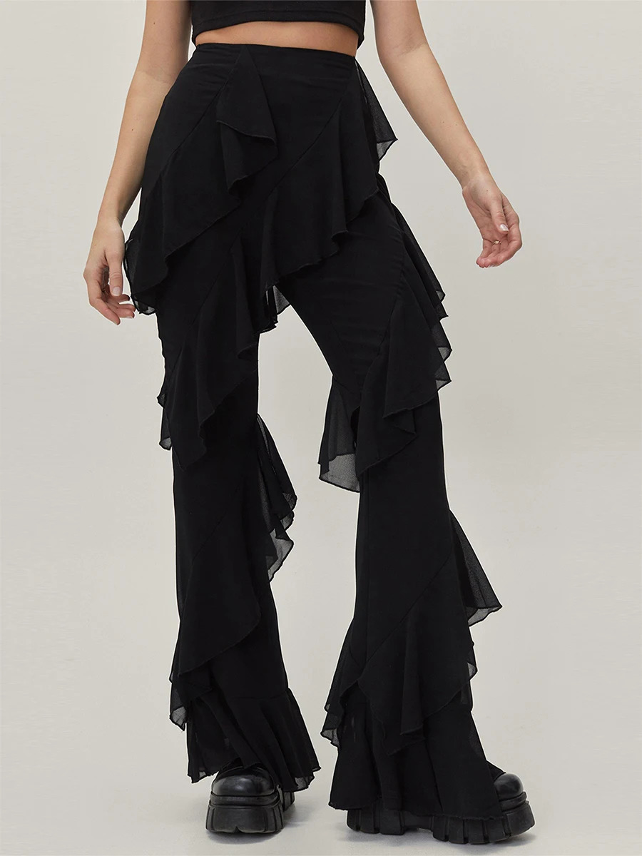 Women Y2k Aesthetic Ruffle Layered Long Pants Solid Color High Waist Wide Leg Trousers Sexy Streetwear 241218