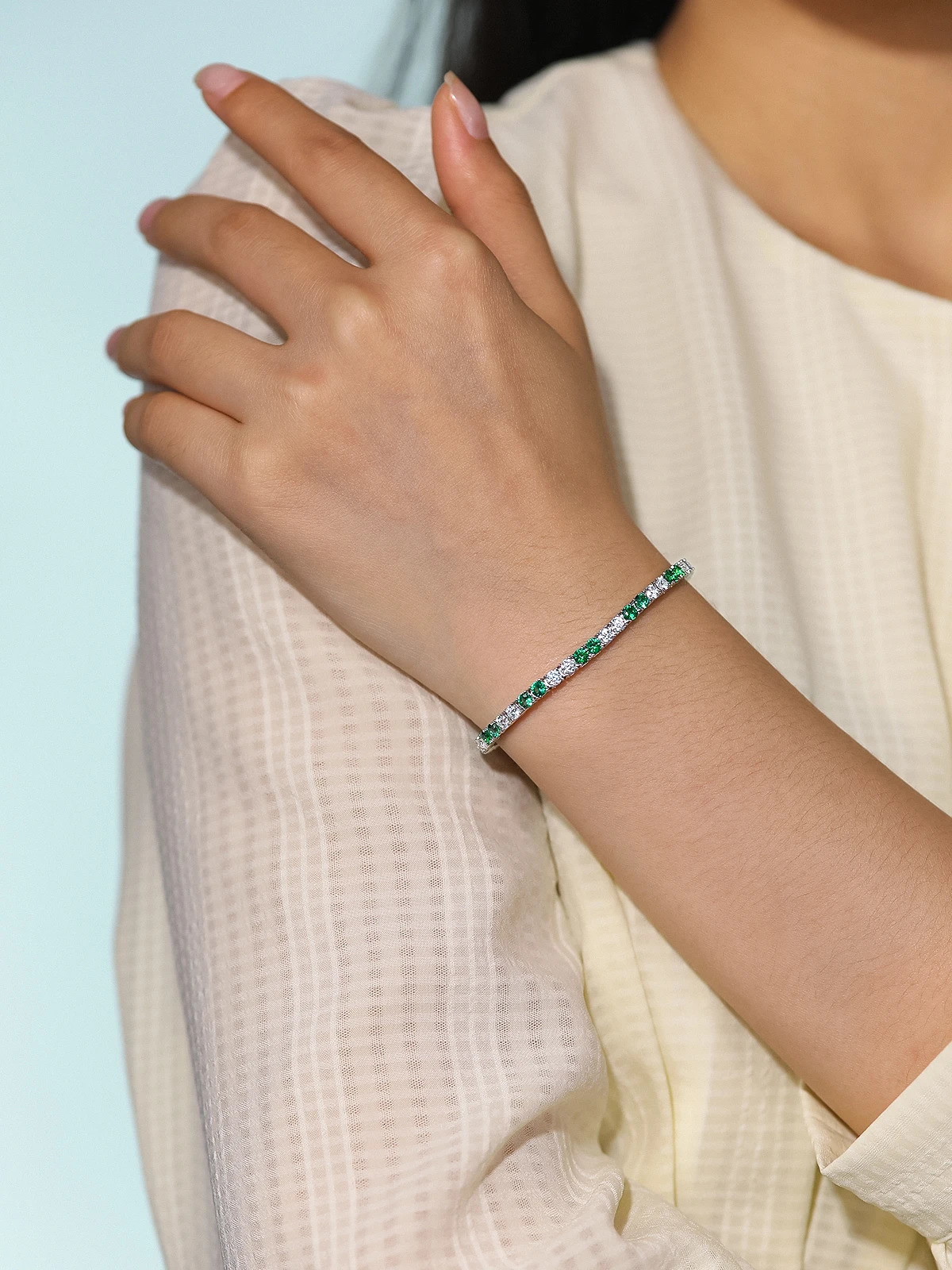 TYYL Full 3MM D Color Green White Lab Grown Emerald Tennis Bracelet for Men Women S925 Silver All Diamond Link Bangle 241214