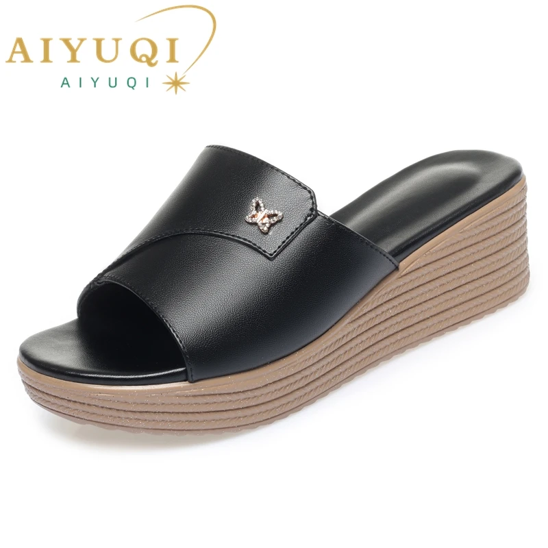 AIYUQI Women Slippers Platform Large Size Summer Outerwear Slippers Women Wedge Genuine Leather Slippers Women