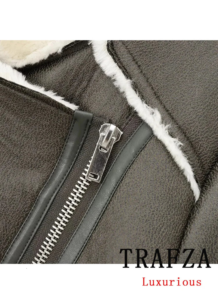 TRAFZA Vintage Casual Chic Women Leather Fur Jackets Solid Zipper Belt Thick Coat Fashion Autumn Winter Warm Office Outwear 241220