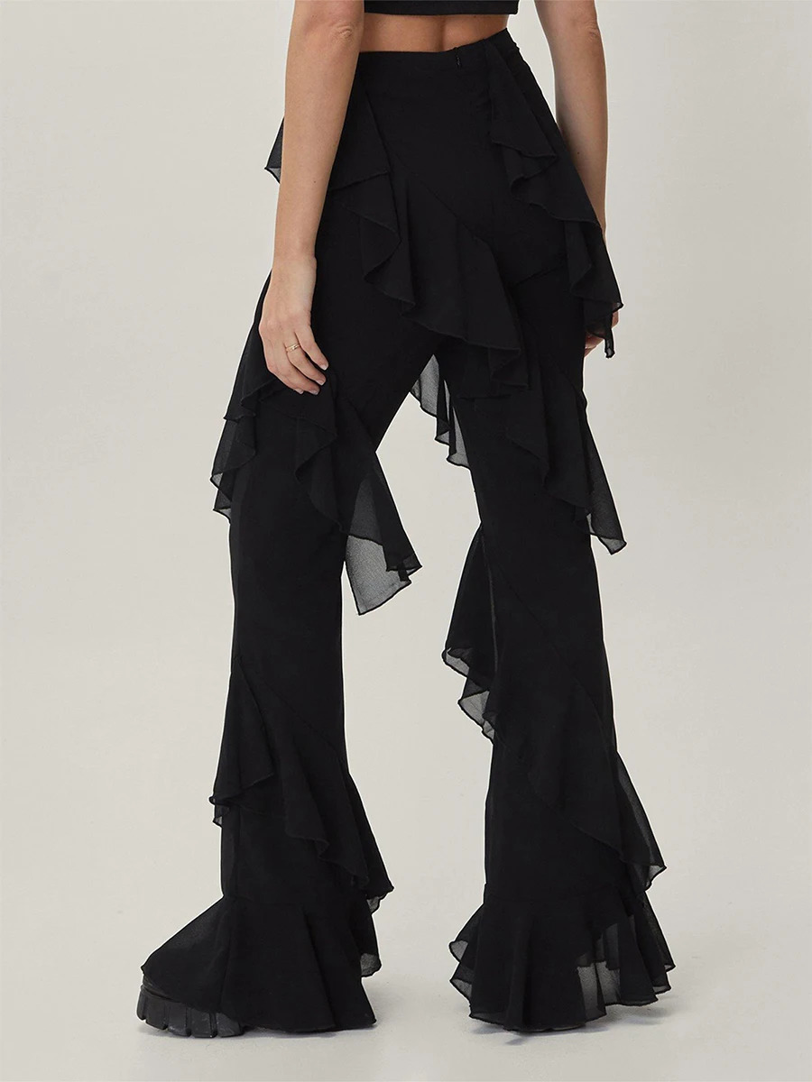 Women Y2k Aesthetic Ruffle Layered Long Pants Solid Color High Waist Wide Leg Trousers Sexy Streetwear 241218
