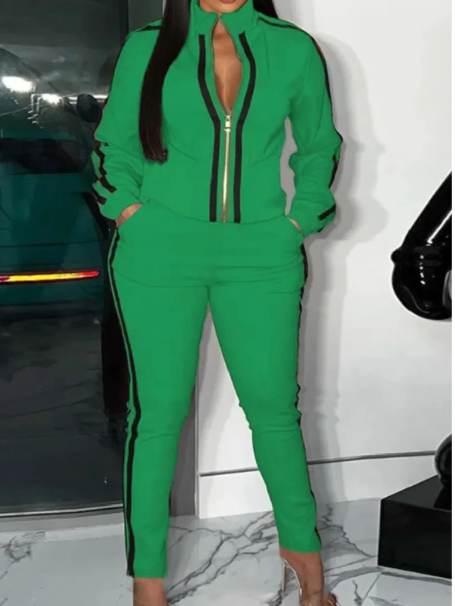 LW Plus Size Striped Regular Fit Tracksuit Set Green 2pcs Sportwears Zipper Up Mandarin Collar Top Casual Trousers 241219