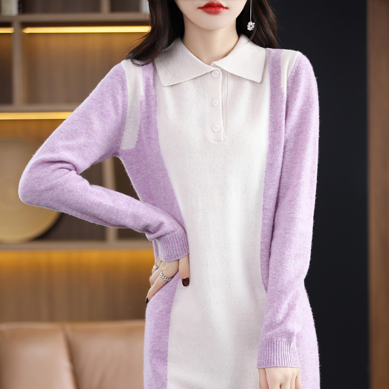 (335) New Autumn and Winter Pure Wool Lapel Knitted Dress with Color Matching Loose Warm Mid-length Skirt