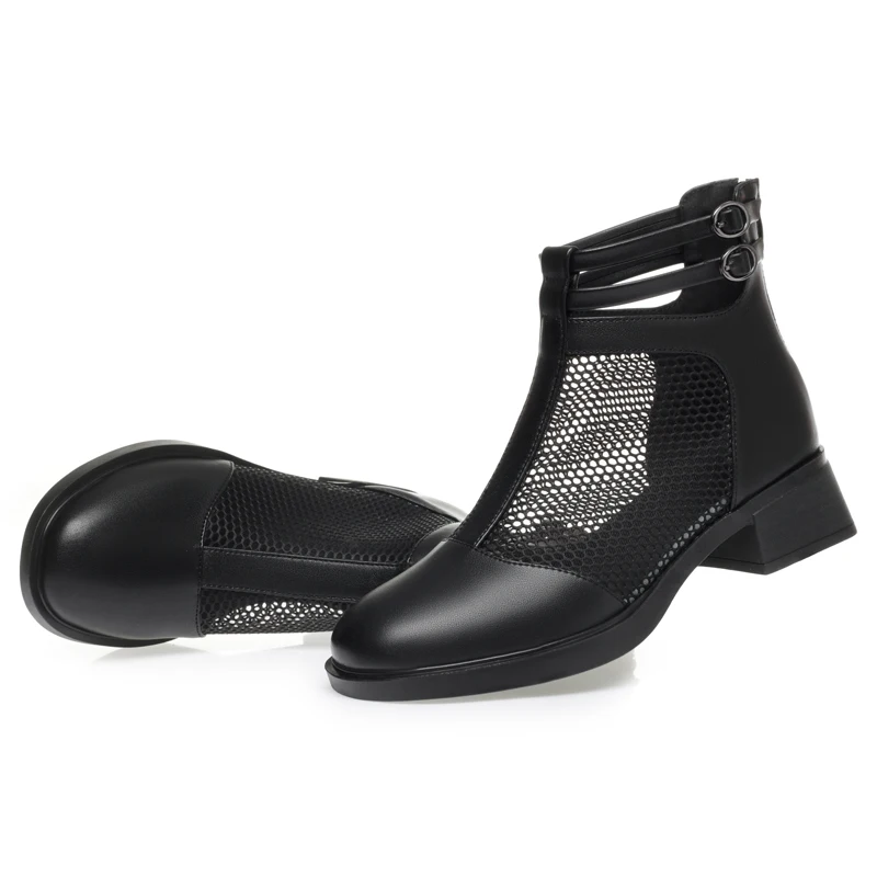 AIYUQI Mesh Sandals Women Summer Mid-Heel Cutout Mesh Boots Women Genuine Leather Large Size Fashion Women's Boots