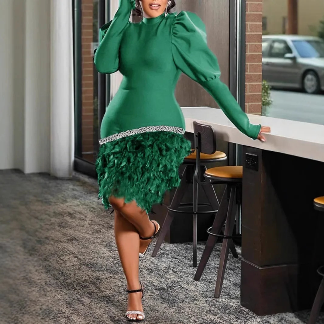 European and American fashion red lantern long-sleeved thin and tight niche feather jumpsuit mini dress for women 241216