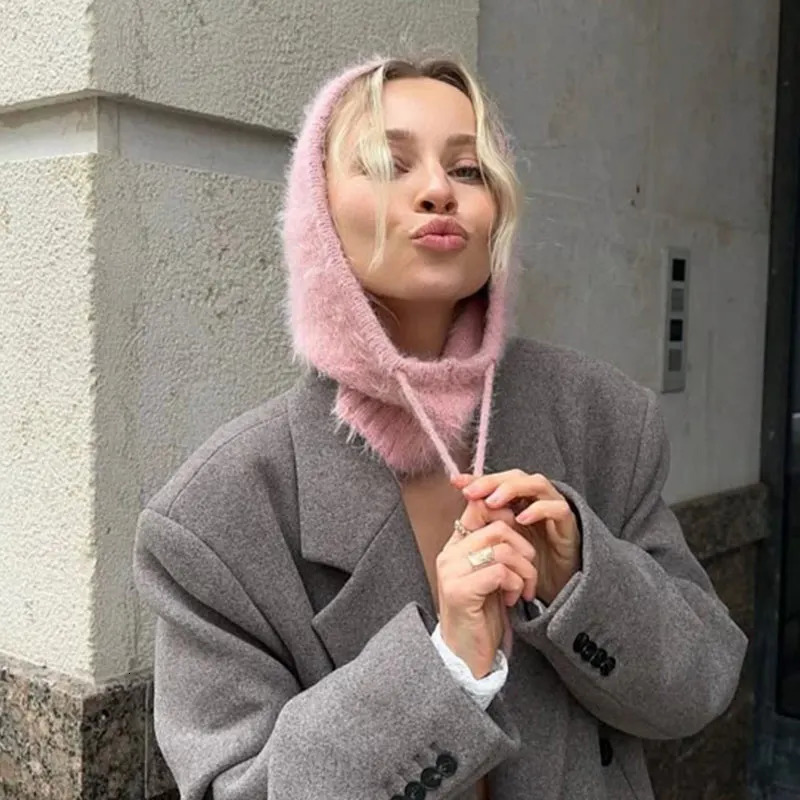 2024 Winter Womens Balaclava Hat Warm Neck Integrated Drawstring Pullover Cap Unisex Knitted Hoodie Outdoor Warmth Children Hat 241220