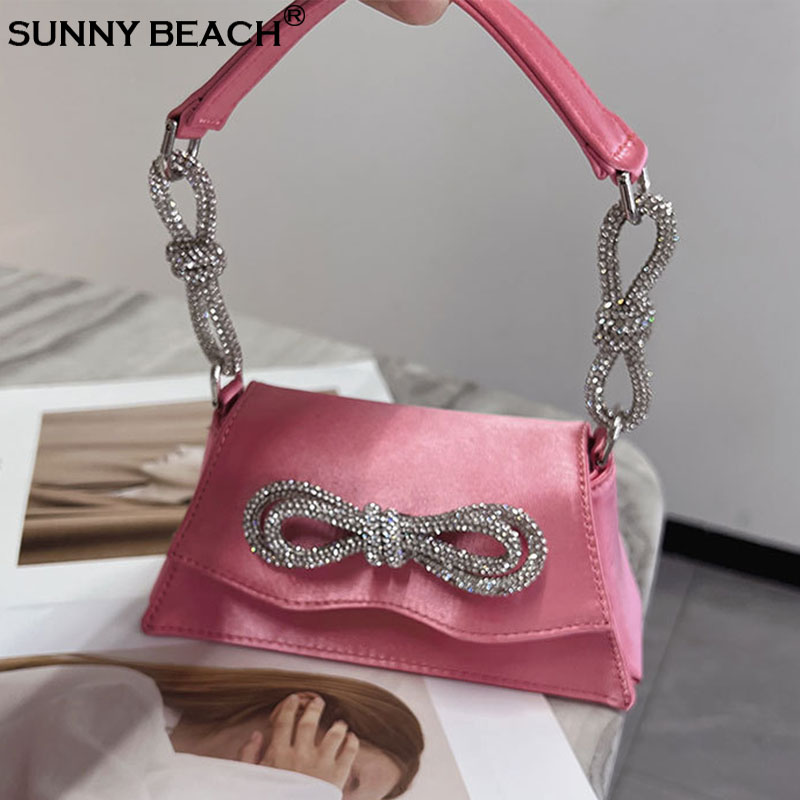 Bling Luxury Totes Designer Diamond Shiny Bags Shoulder Bow Sweet Pink Satin Prom Party Purse Brand Small Kawaii Wedding Handbag