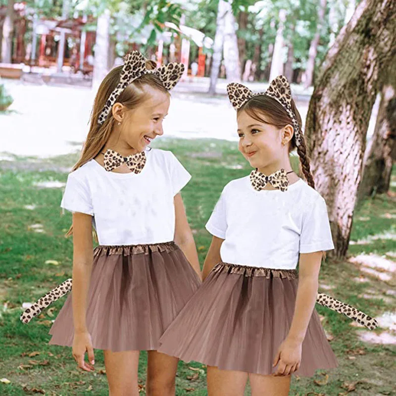Girls Kids Women Cat Cheetah Ear Headband Tails Bow Tail Leopard Animals Set Birthday Gift Headwear Halloween Costume Christmas