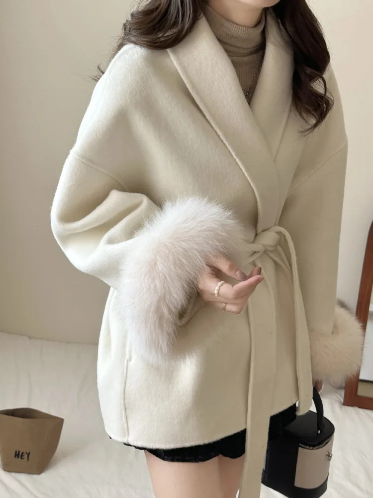 LANMREM Double Sided Wool Coat For Women Fox Fur Stitching Sleeves Lapel Solid Color Belt Coats Woolen Clothing Winter 2DA2598 241217