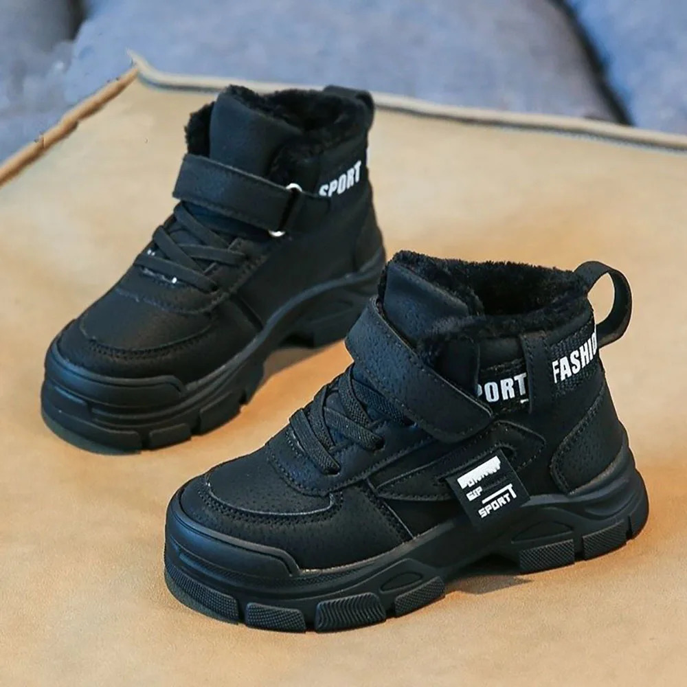 Winter Plush Boots For Children Anti-slippery Thick Warm Snow Boots PU Leather Trend Fashion Teenager Boys Cotton Shoes 241219