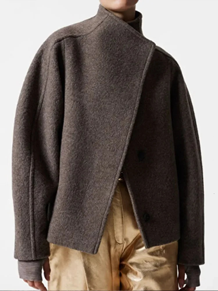 Brown Stand Collar Long Sleeve Woolen Short Coat Women Fashion Single Breasted Loose Jacket Autumn Warm Female Chic Outwear 241220