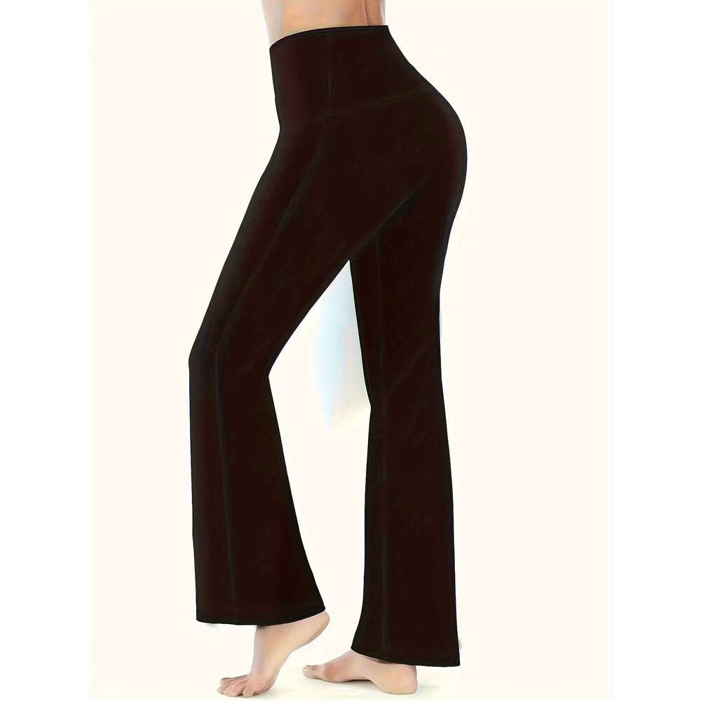 Women's 3-Pack Waist Polyester Blend Flare Yoga Pants - Elegant Solid Color, Knit Fabric with High Stretch, Long Pocket Detail, All-Season Perfor