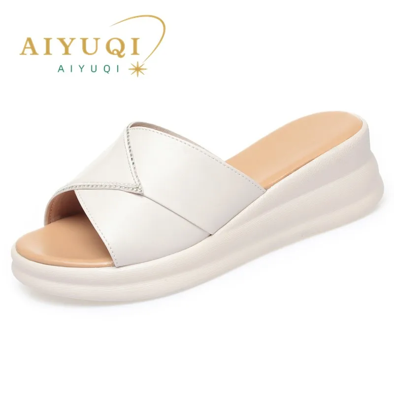 AIYUQI Women Slippers Wedge Genuine Leather Summer Slippers Women Large Size Casual Mom Slippers Ladies