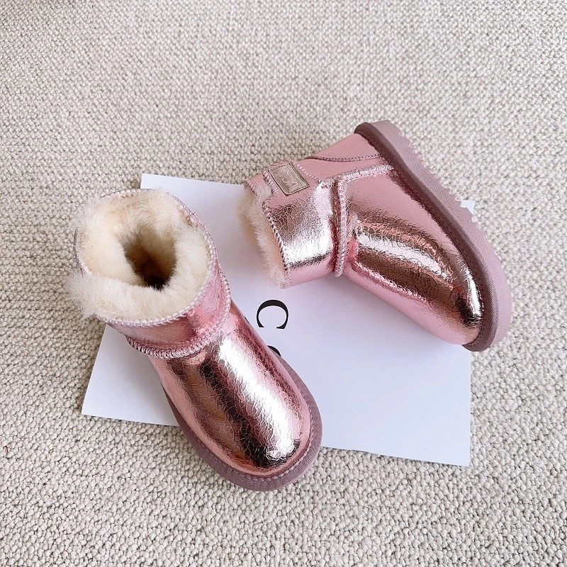 Cow Leather Kids Snow Boots Warm High Quality Wool Boys Ankle Boots Winter Genuine Leather Waterproof Girls Fashion Shoes 241219