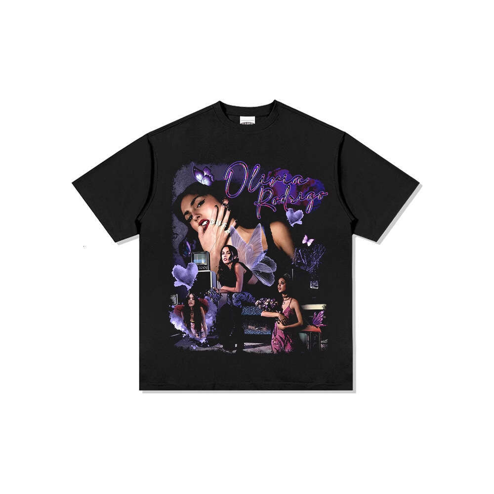 Hip hop Olivia Rodrigo printed short sleeved T-shirt, loose washed round neck hooded sweatshirt