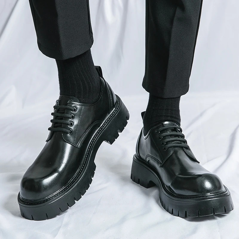 Men Platform Leather Black Shoes Dress Party Slip on Flats Stylish Fashion Loafers Casual Thick Soled Oxfords Shoes 241220