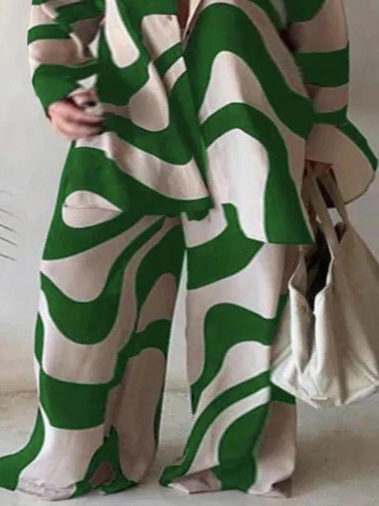 Beautyblue Plus Size Tops Pants Two Pieces Set Casual Loose Printed Lapel Wide Leg Wave Line Clothing Female Suit L4XL