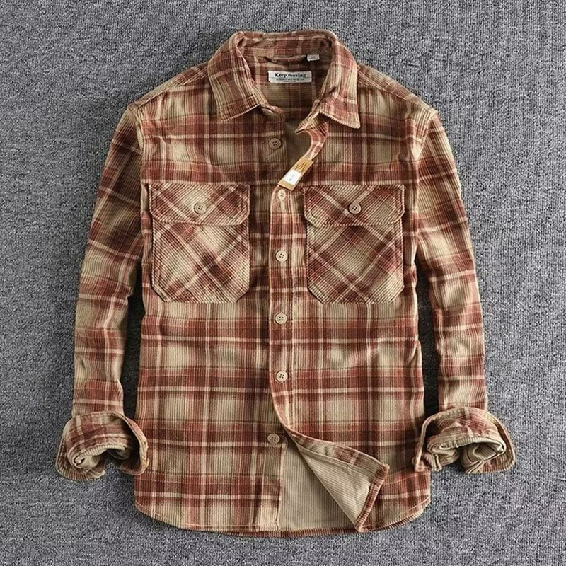 Cross-border American clicker retro spring and fall men's classic plaid long-sleeved shirt washed corduroy comfortable literary tide m045