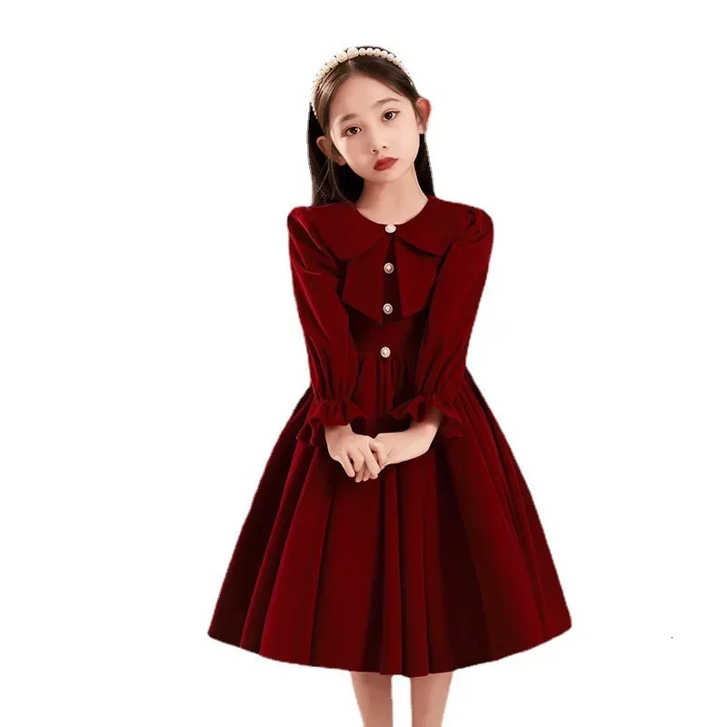 Girls Party Dress Winter Spring Children Birthday Clothes Thick Warm Plus Velvet Kids Formal Dresses for Girls Burgundy Red 241219