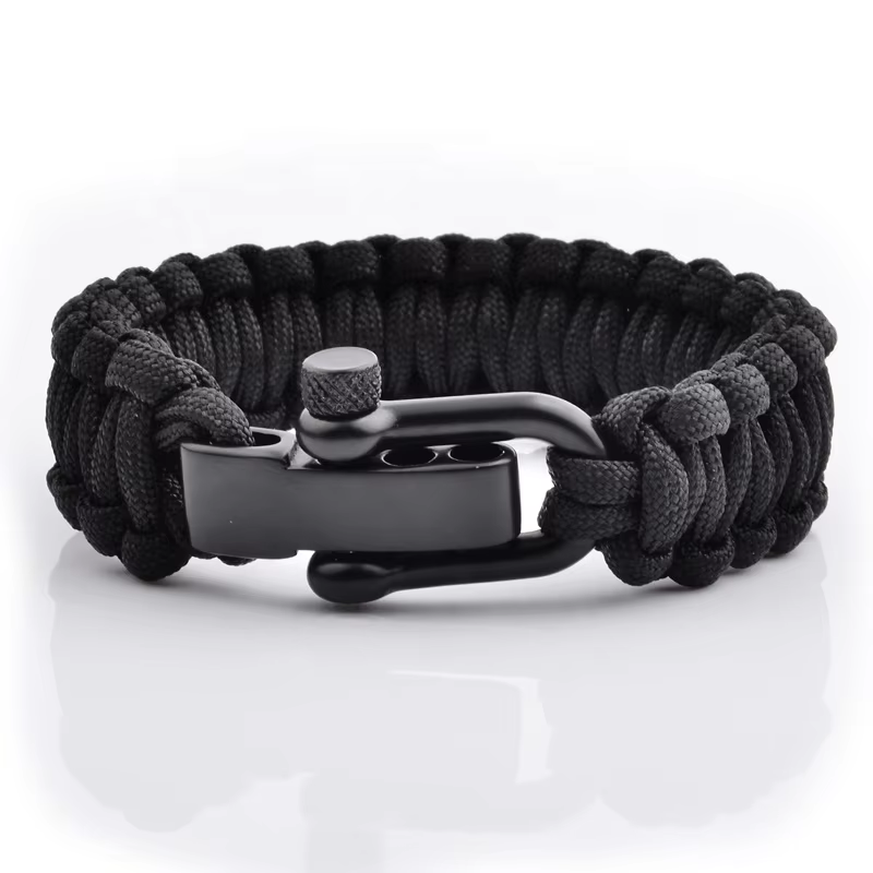 adjustable cobra weave polyester paracord survival bracelet with stainless steel shackle