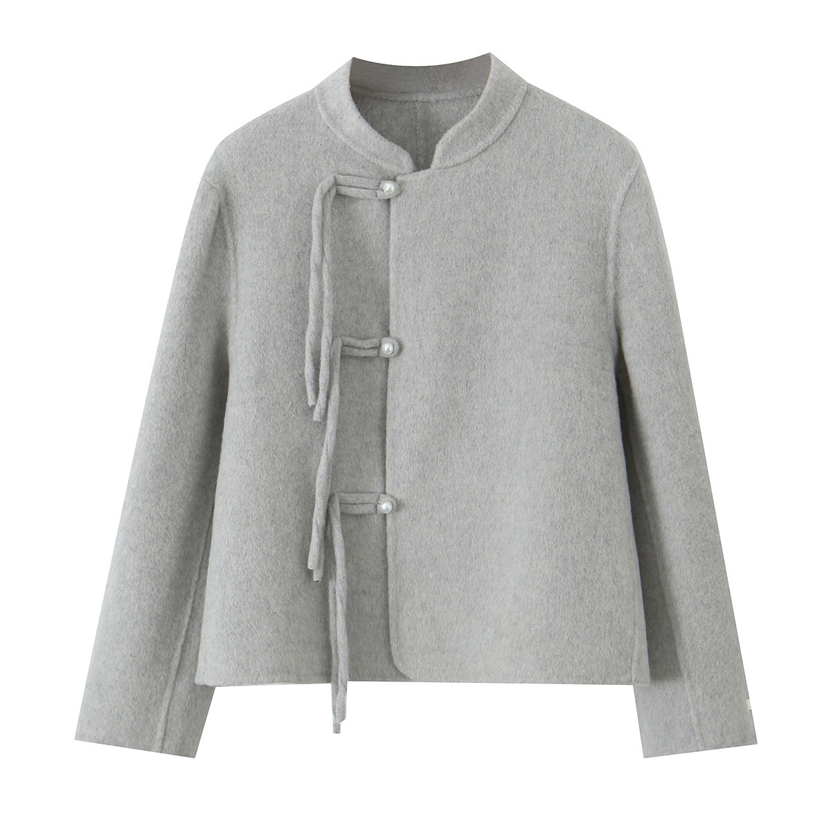 D4024 Autumn and winter new Chinese style fashion pearl button short woolen coat for women with stand collar and double-sided