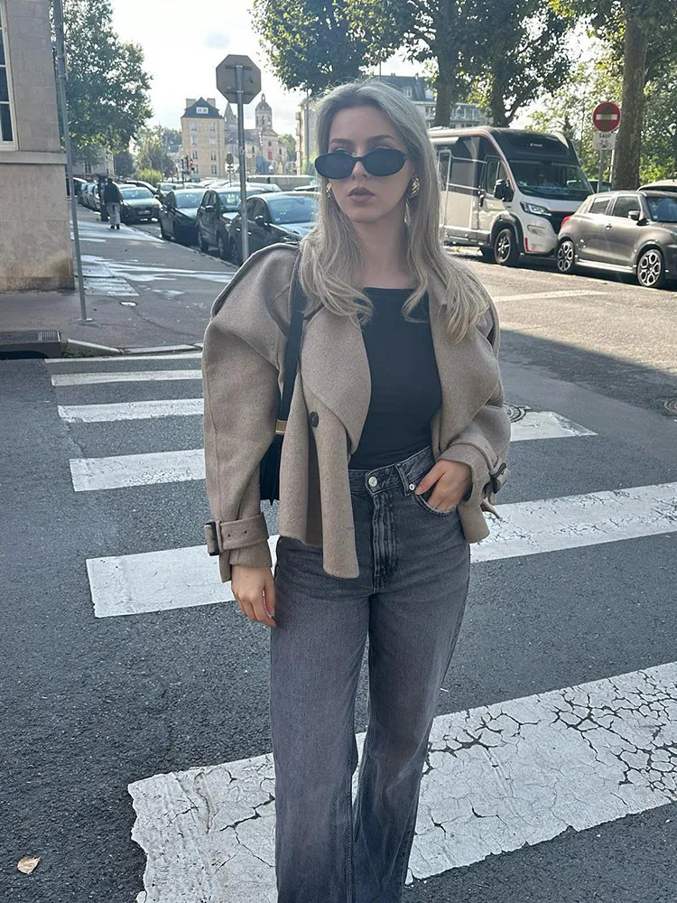 Fashion Grey Lapel Woolen Cropped Jacket For Women Chic Double Breasted Long Sleeves Short Coat Fall Lady Street Outerwear 241220