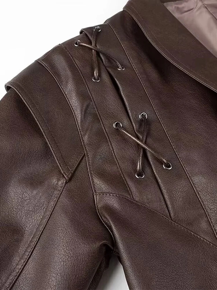 Lace-up Motorcycle Leather jacket Coat Vintage Waist Cinching French Long Sleeved Single Breasted Coffee Brown Women PU 241220