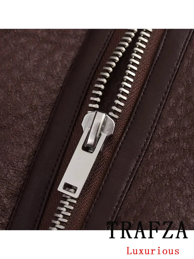 TRAFZA Vintage Casual Chic Women Leather Fur Jackets Solid Zipper Belt Thick Coat Fashion Autumn Winter Warm Office Outwear 241220