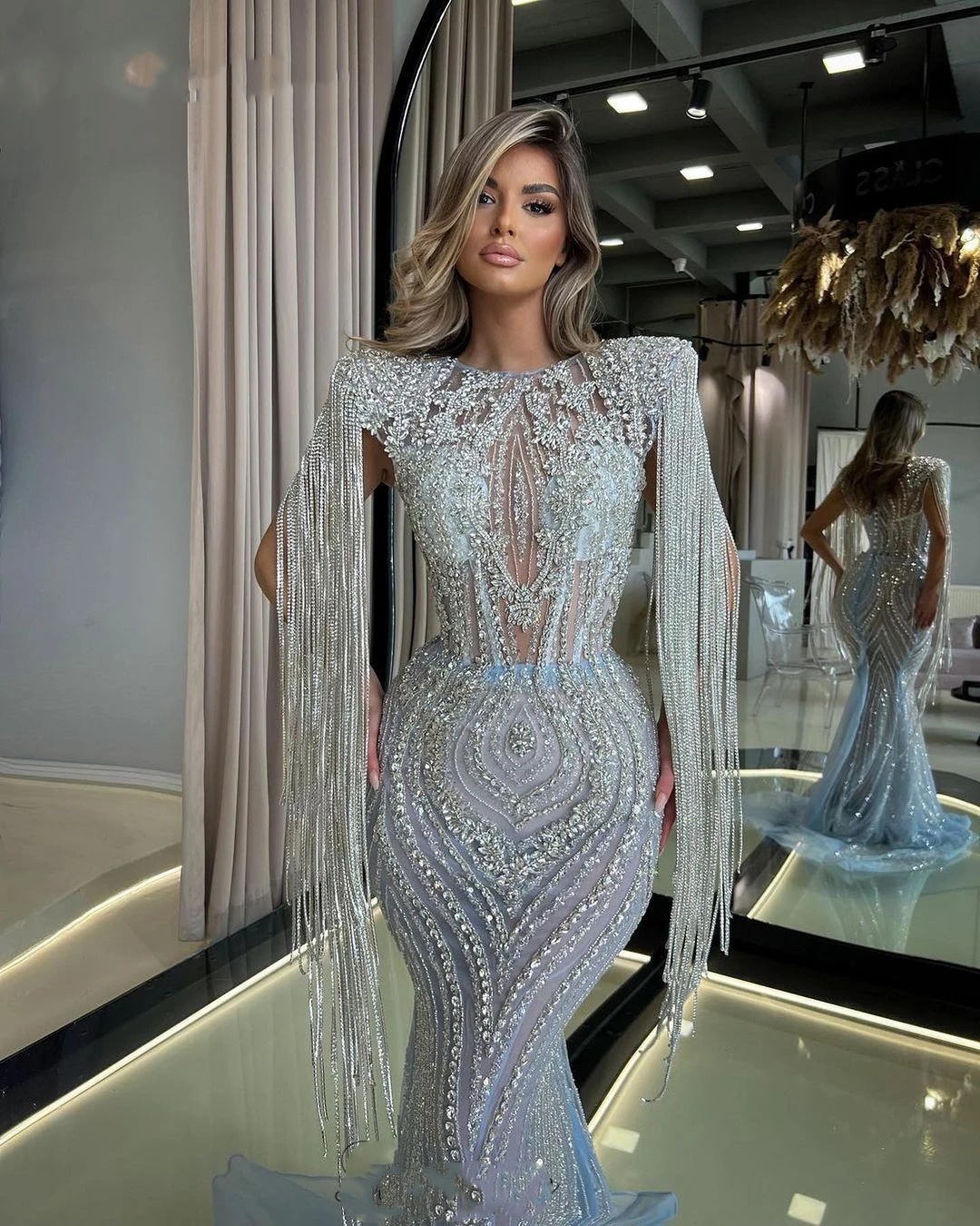 Exquisite Mermaid Evening Dresses For Women O Neck Sleeveless Gown Sequins Crystal Tassel Sweep Train Customized Dress Party