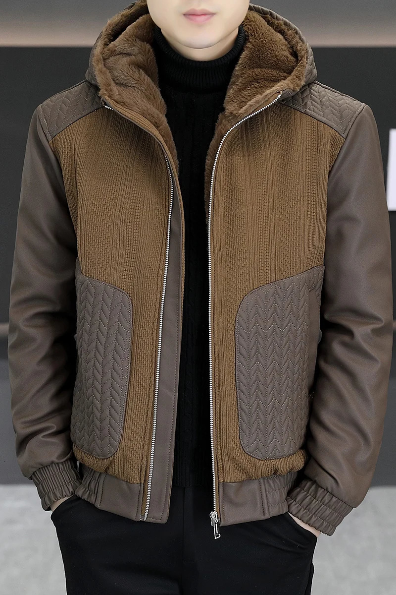 Winter Hooded Knitted Leather Jacket Men Thick Velvet Trendy Casual Leather Jacket Streetwear Social Coats Men Clothing 241216