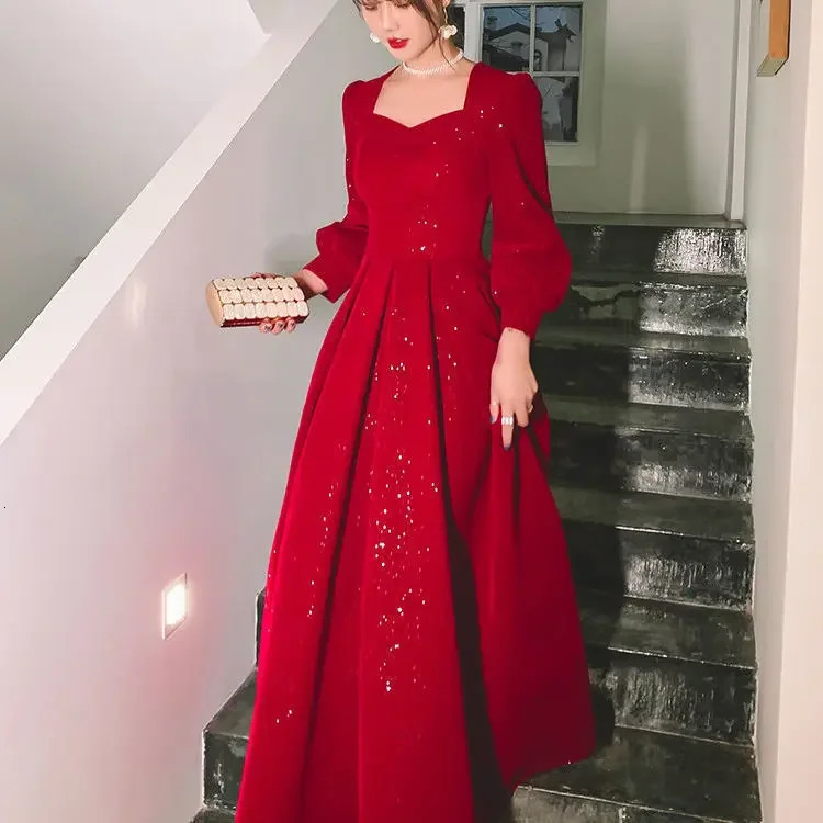 Elegant Red Sequins Midi Dress Women Vintage V-neck Formal Occasions Evening Party Dresses Fashion Chic n in Dresses 241216