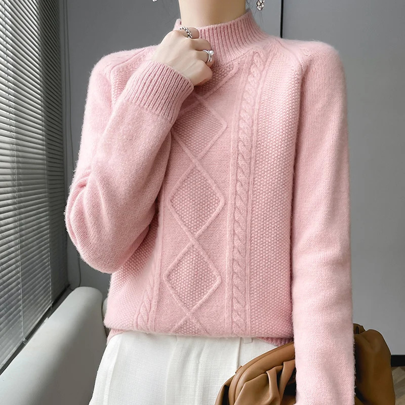 Diamond shape Autumn/Winter 100% Merino wool pullover Cashmere sweater Womens half turtleneck pullover warm bottomknitshirt 241217
