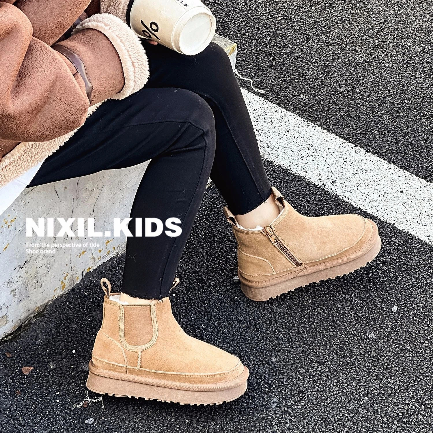 Kids Boots Boys Girls Thick Genuine Leather Warm Thicker Fur Children Winter Non-Slip Solid Zip Snow Boots Baby Suede Shoes 241219