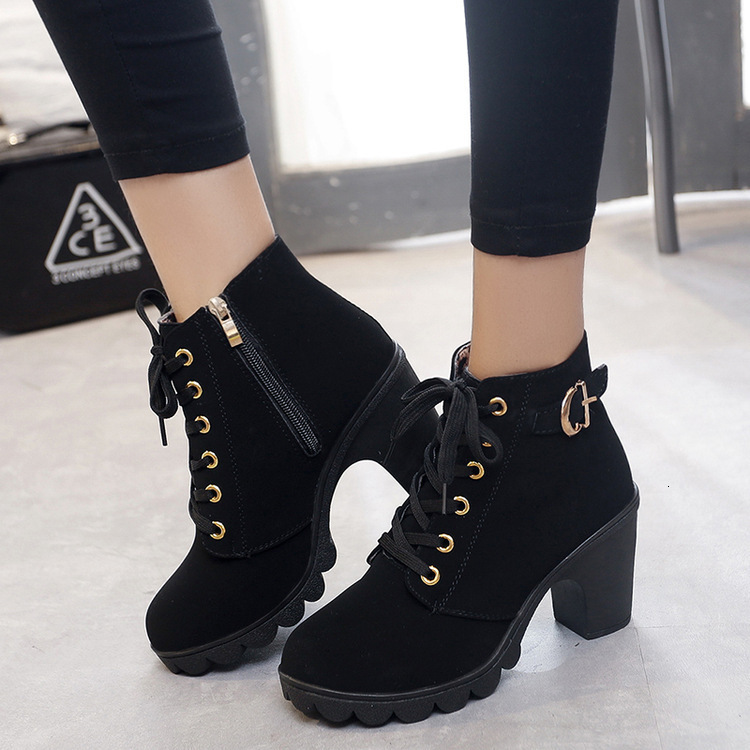 Martin Lace Ddmywed Up Round Head Women S Frosted Material Coarse High Heel Short Boots Chinese Brand Shoes F Ddmysaturn