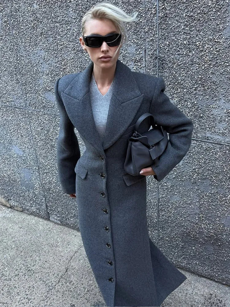 Chic Grey Single Breasted Full Sleeve Wool Jackets Womens Casual Slim Fit Lapel Pockets Coat Female High Street Outerwears 241216