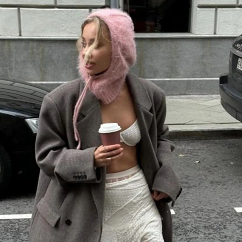 2024 Winter Womens Balaclava Hat Warm Neck Integrated Drawstring Pullover Cap Unisex Knitted Hoodie Outdoor Warmth Children Hat 241220