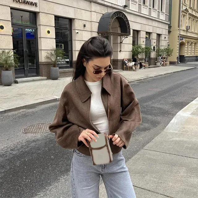 Vintage Brown Short Woolen Jacket For Women Elegant Lapel Long Sleeves Zipper Cropped Coats Autumn Chic Lady High Street Outwear 241220