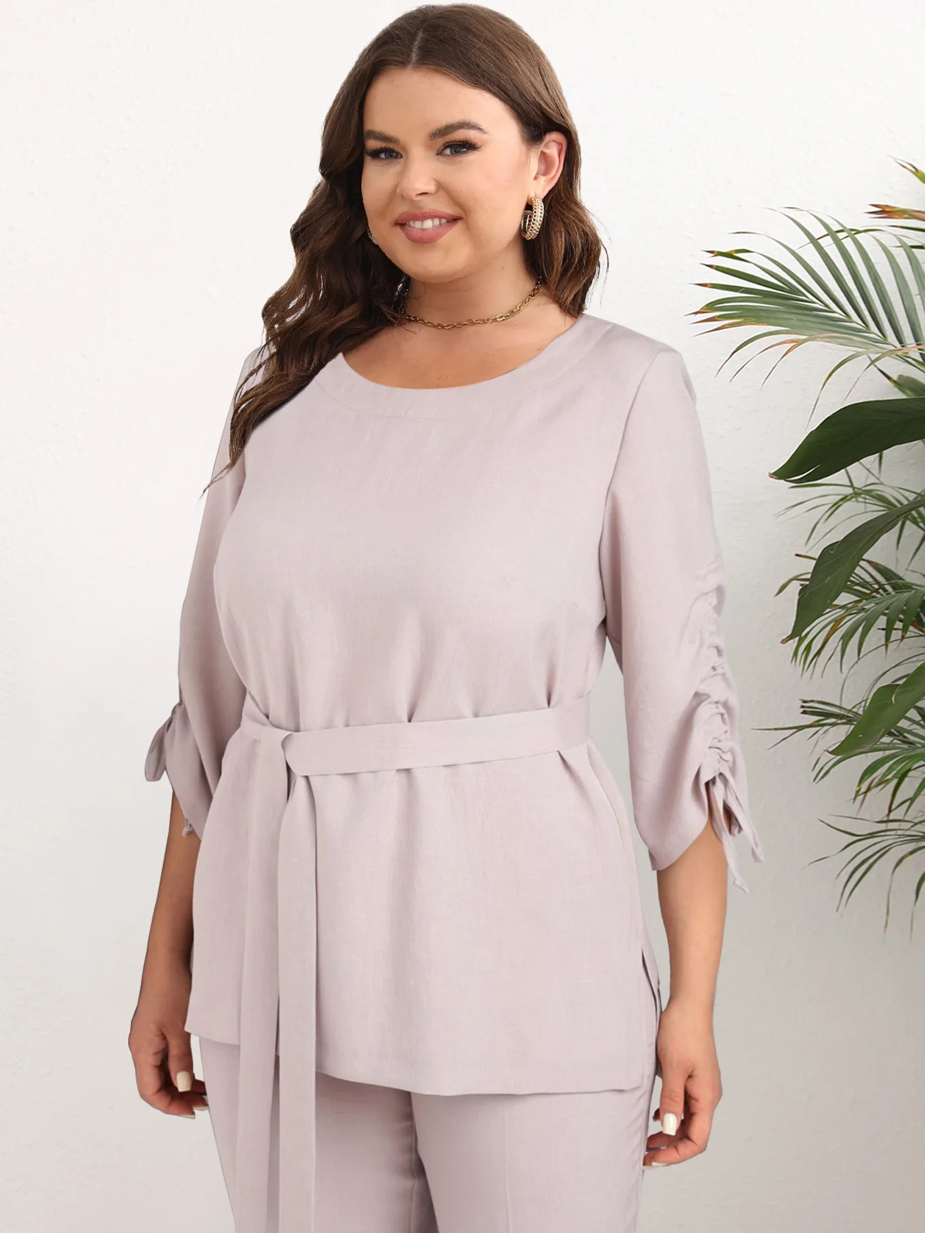 Women Plus Size Two Piece Pant Set Round Neck Solid Basic Casual Matching Office Lady Elegant 2 with Blet 241219